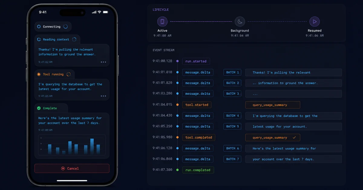 A mobile conversation rendering batched text deltas while separately showing connection and tool progress