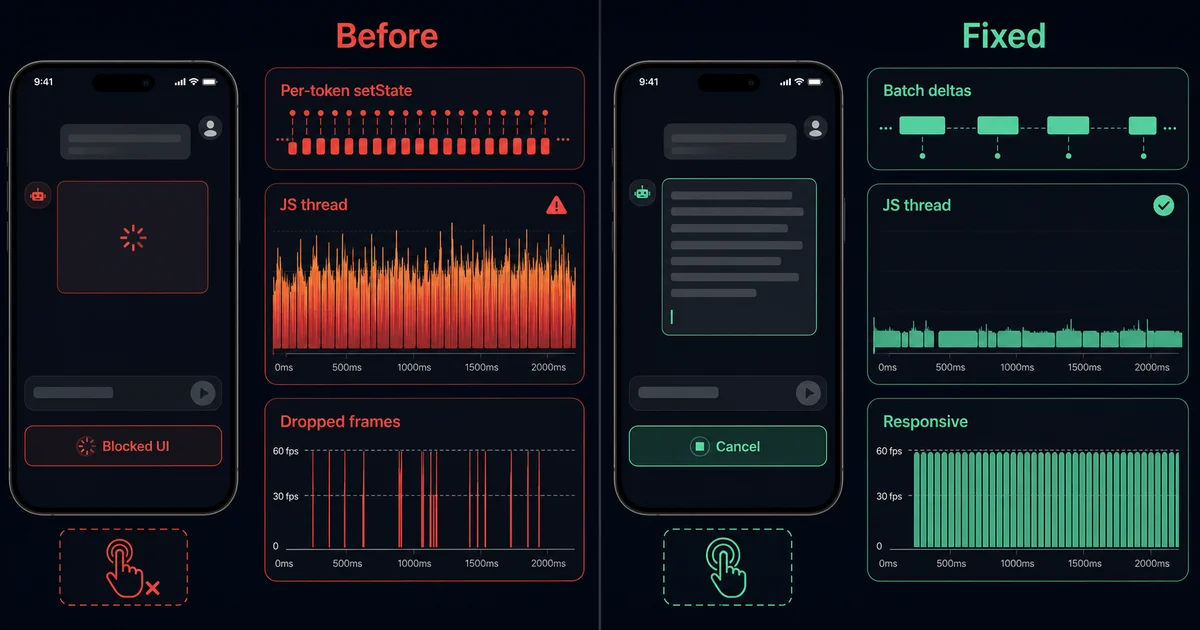 A mobile chat freezing under per-token rendering while a corrected flow batches updates and keeps touch input responsive