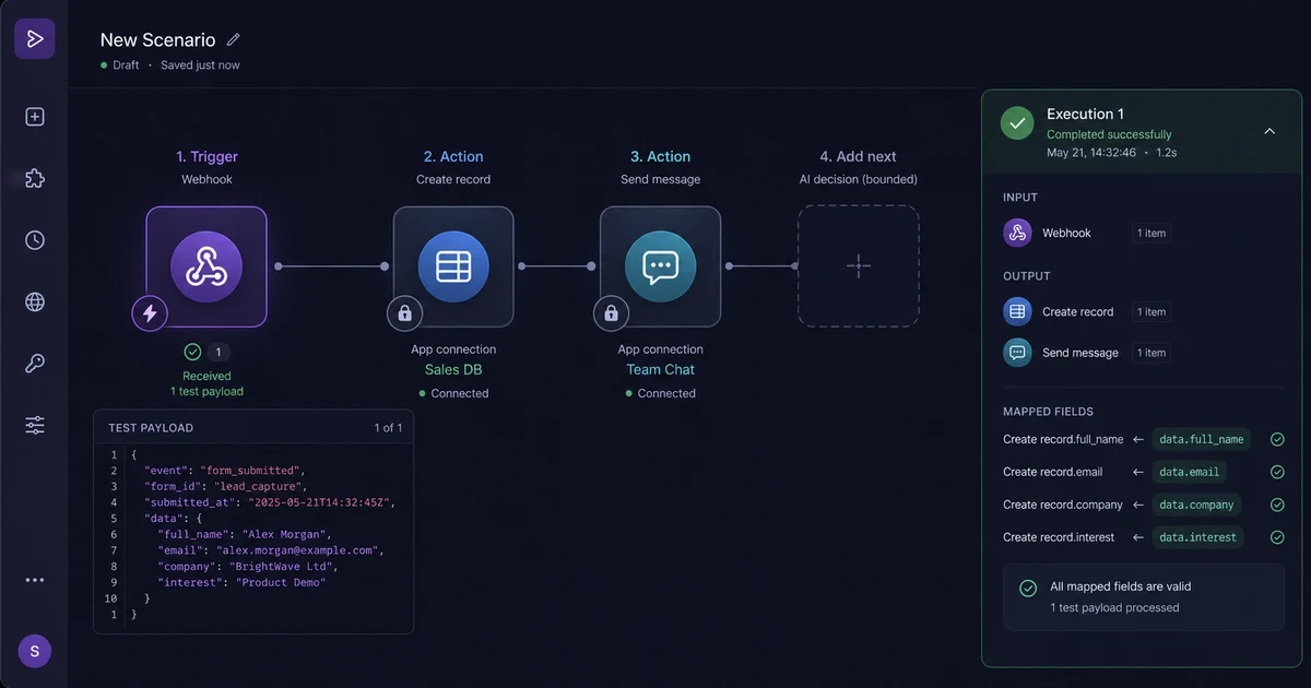 A new scenario receiving test webhook data and validating mapped app fields before an AI step is added