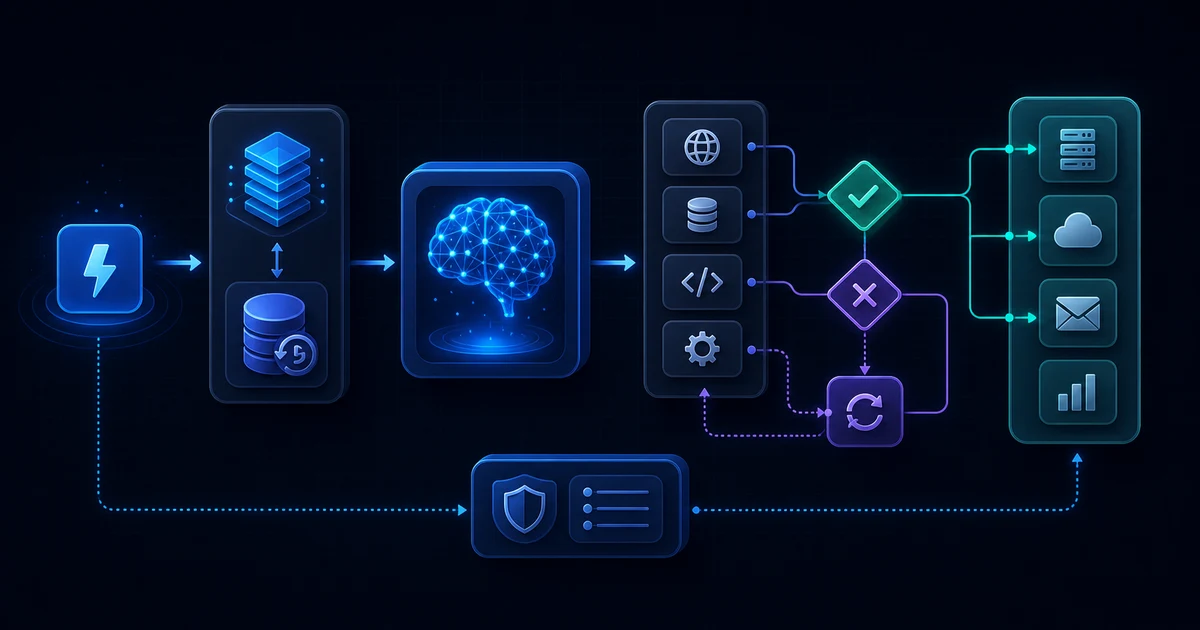 A layered agent workflow connecting a trigger, model, approved tools, guardrails, retries, and business systems
