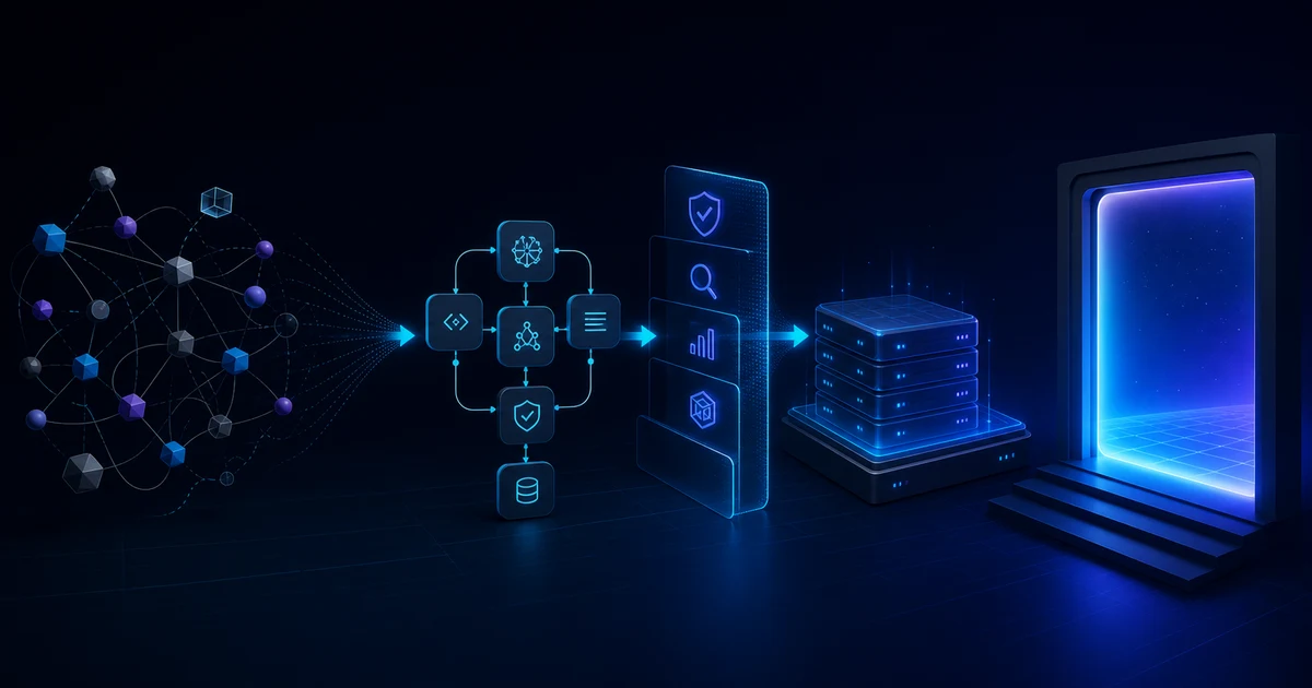 A guarded agent workflow progressing from an experimental node graph to monitored production infrastructure