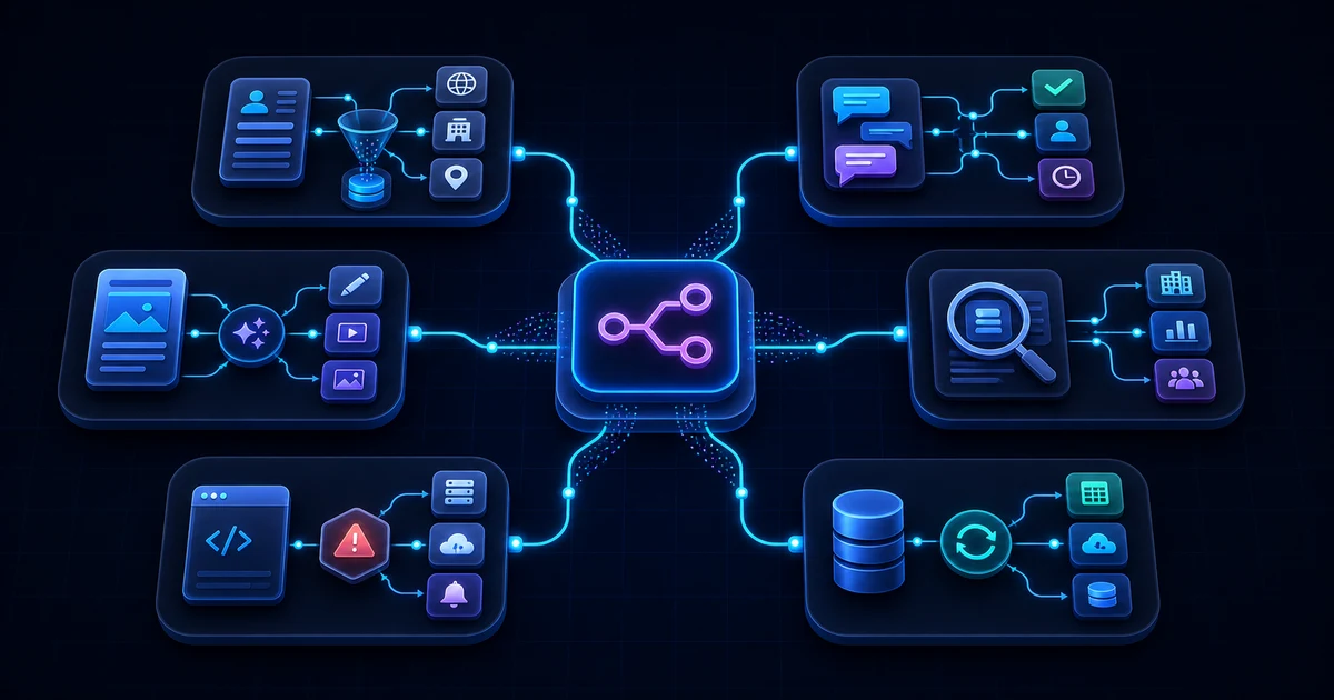 Six practical automation flows for leads, support, content, research, incidents, and data synchronization