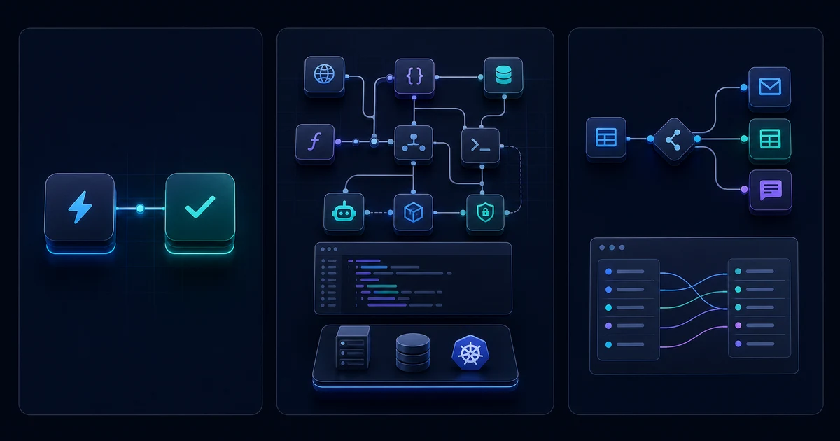 A visual comparison of a simple trigger-action flow, a configurable agent workflow, and a branching data-mapping scenario