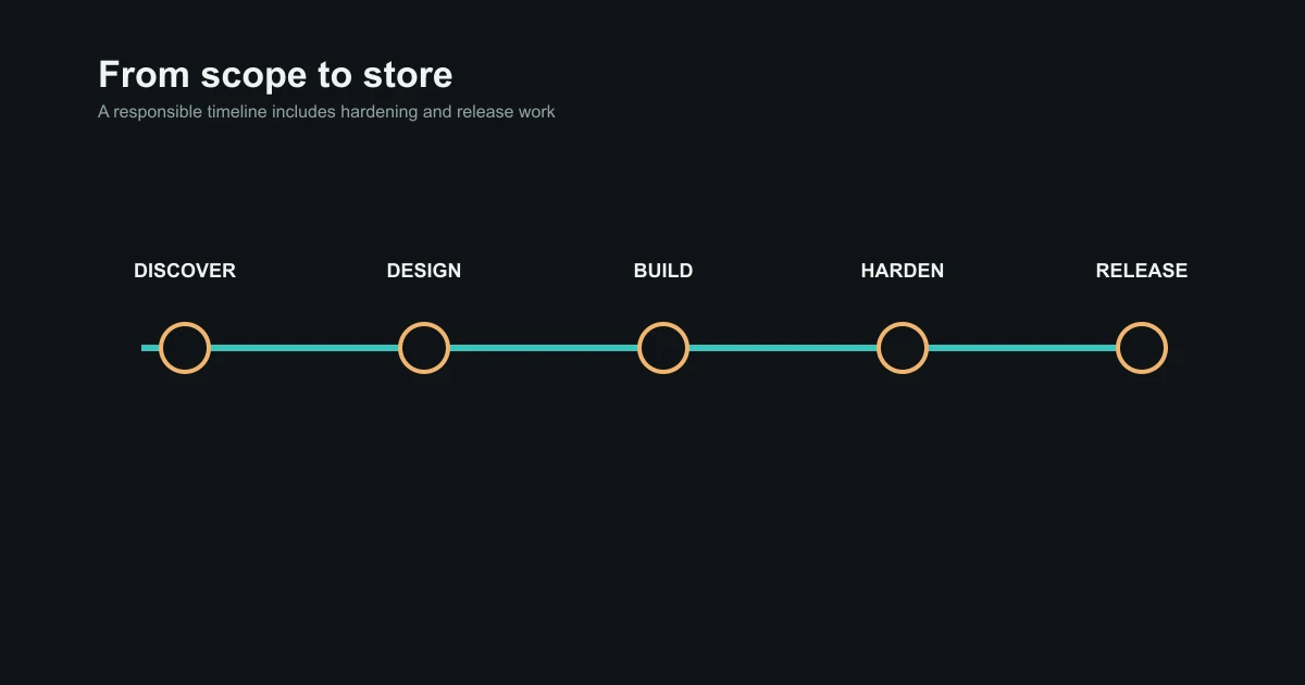 A React Native delivery timeline moving from discovery and design through build, testing, and store release