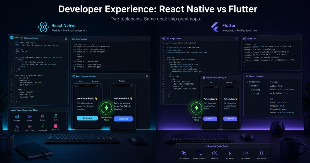 A TypeScript and Metro workspace beside a Dart widget inspector, each connected to an iOS and Android preview