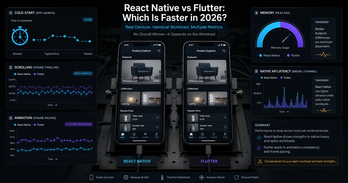 Two physical phones profiled for startup, scrolling, animation frames, memory, and native API work
